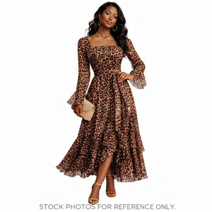 NWT Endless Moon Leopard Maxi Dress Square Neck Belted Long Sleeve Feminine M